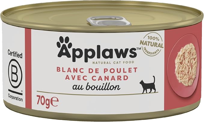 Applaws 100% natural chicken breast and duck wet broth food for adult cats - 24 cans of 70g - Image 1