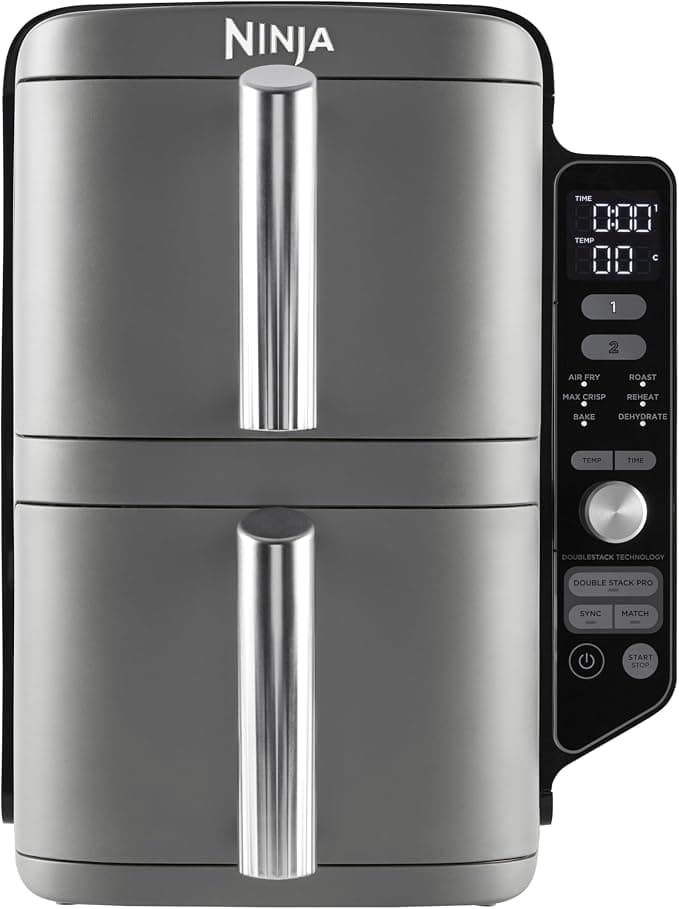 NINJA Double Stack XL Deep Fryer, Oil Free Deep Fryer, Vertical 2-Drawer Deep Fryer, 4 Cooking Levels, 2 Drawers and 2 Racks, Compact Design, 9.5L Capacity, 6 Cooking Functions, 8 Servings, Grey SL400EU