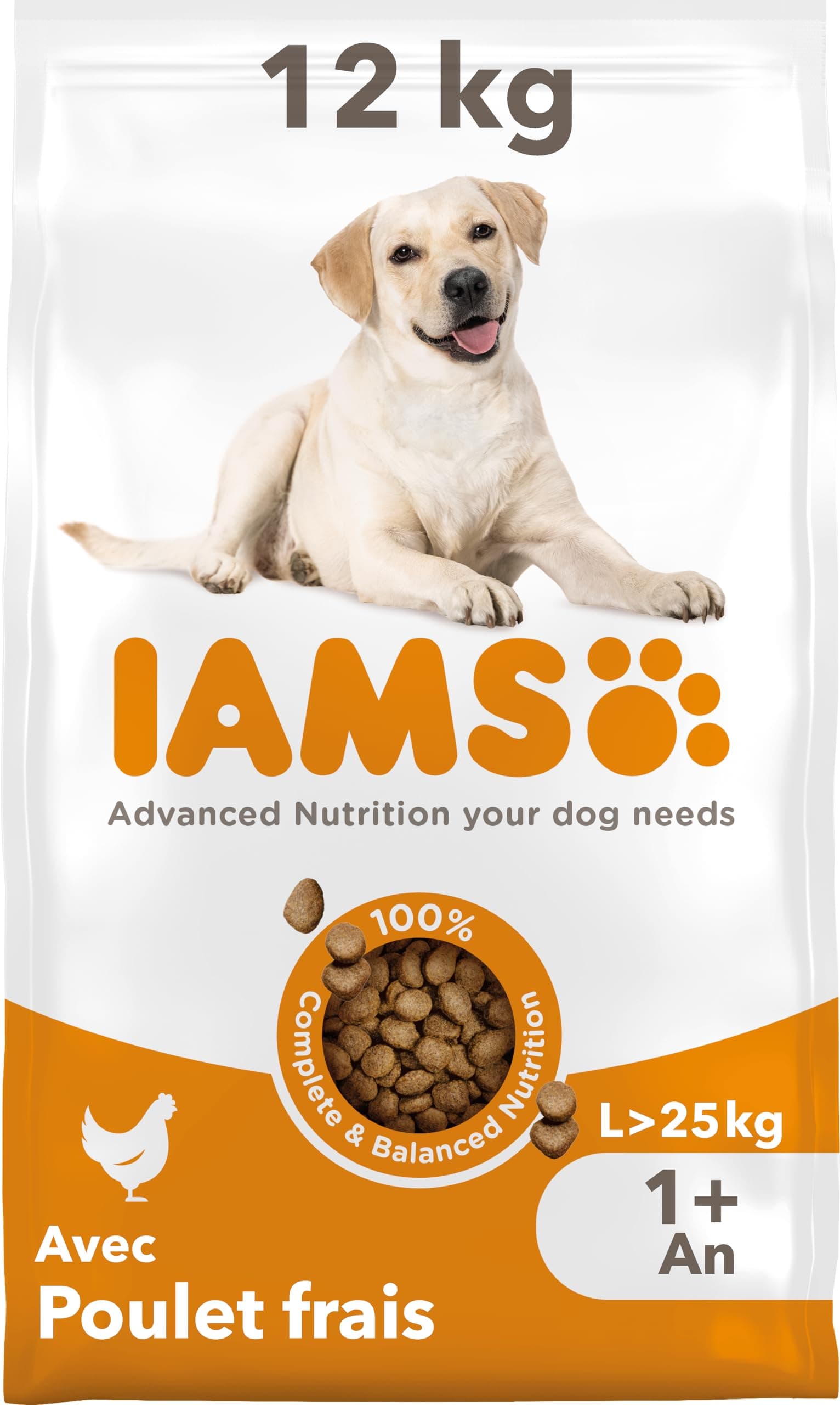 IAMS Vitality - Large Breed Dry for Adult Dogs - Promotes Health and Vitality - Low in Fat - Fresh Chicken - Free from GMOs, Colouring, Artificial Flavouring, Wheat - Multi-Coloured - 12 kg