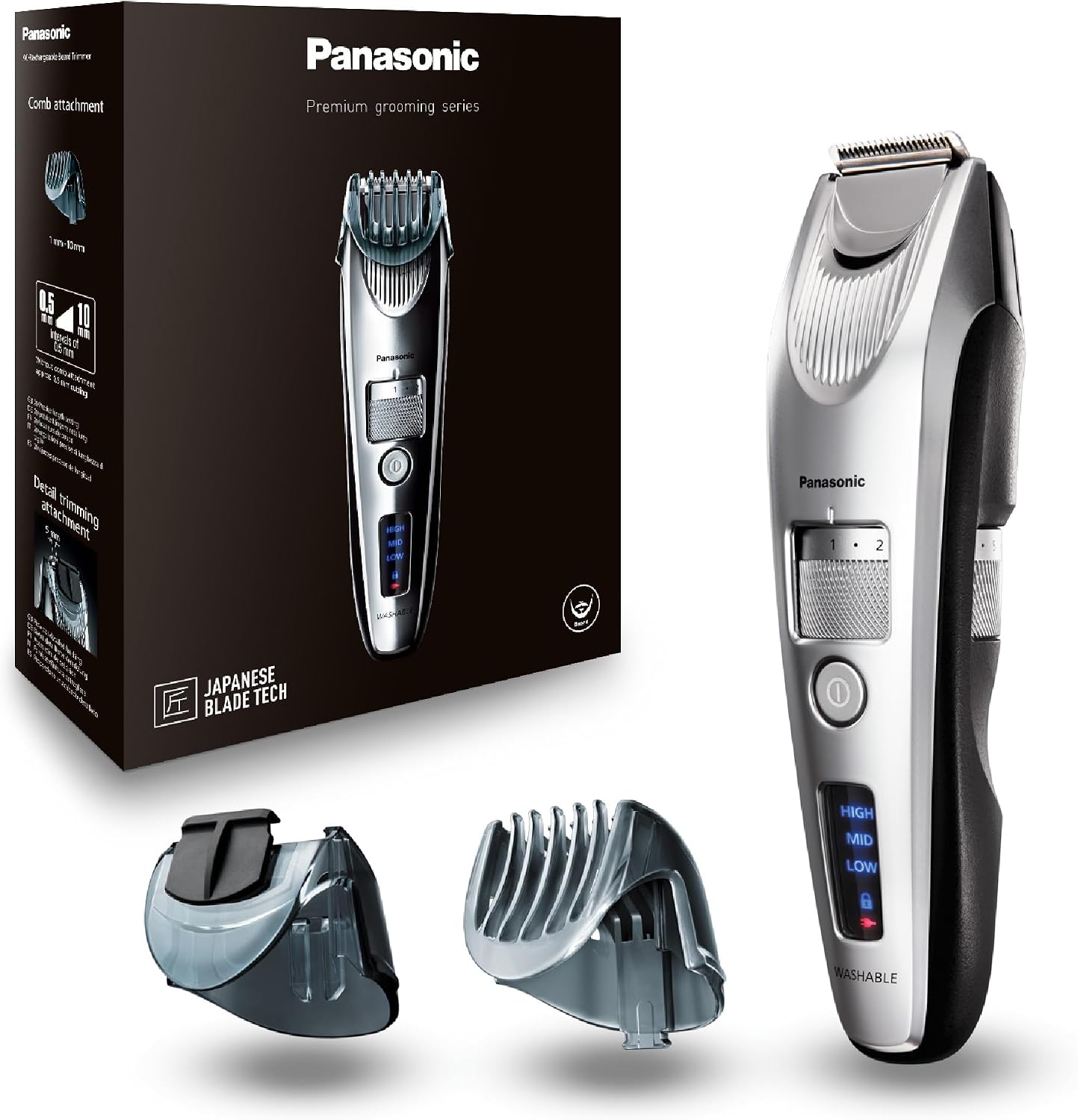 Panasonic ER-SB60S-803 Tondeuse à Barbe pour Hommes, Portable Sans Fil Étanche, 20 réglages de longueur, 2 Accessoires, Embout de Détail, Sans Fil et Filaire, Socle de Chargement, Argenté - Image 1