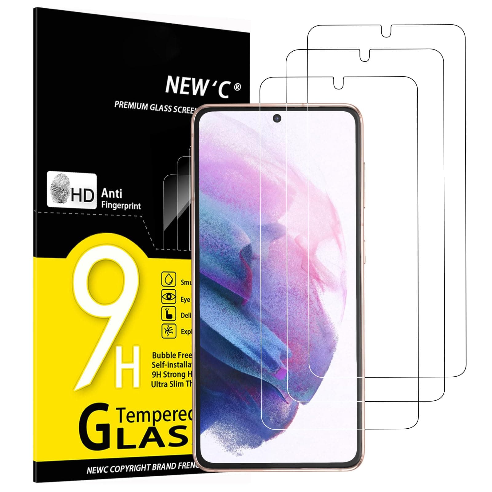 NEW'C Pack of 3 Tempered Glass Screen Protectors for Samsung Galaxy S21 5G (6.2), Scratch-Proof, Bubble-Free, Ultra Resistant (0.26 mm HD Ultra Transparent) 9H Hardness Glass