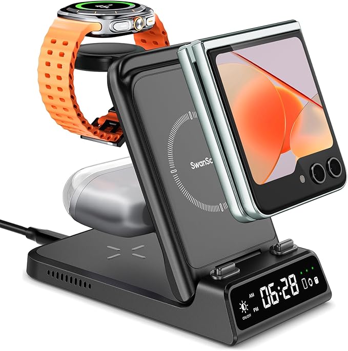 Induction Charger for Samsung Z Flip 7/Watch 8/8 Classic, 3 in 1 Charging Station for Galaxy Z Flip7 FE/6/5/4/3/2, Galaxy Watch Ultra 2025/7/6/5/5 Pro/4, Galaxy Buds 3, SwanScout 703F (No Adapter) - Image 1
