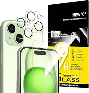 NEW'C Pack of 4, 2 x Tempered Glass for iPhone 15 (6.1 Inches) and 2 x Rear Camera Protectors – Scratch-Resistant – Bubble-Free – Heavy Duty – 9H Hardness Glass - Image 1
