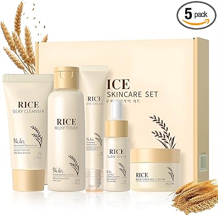 Rice Skin Care Set, 5 Pieces, Rice Tonic, Essence, Cream, Eye Serum, Cleansing, Rice Raw Pulp Skin Care Kit, Moisturizing, Non-Greasy, Suitable for All Skin Types - Image 1