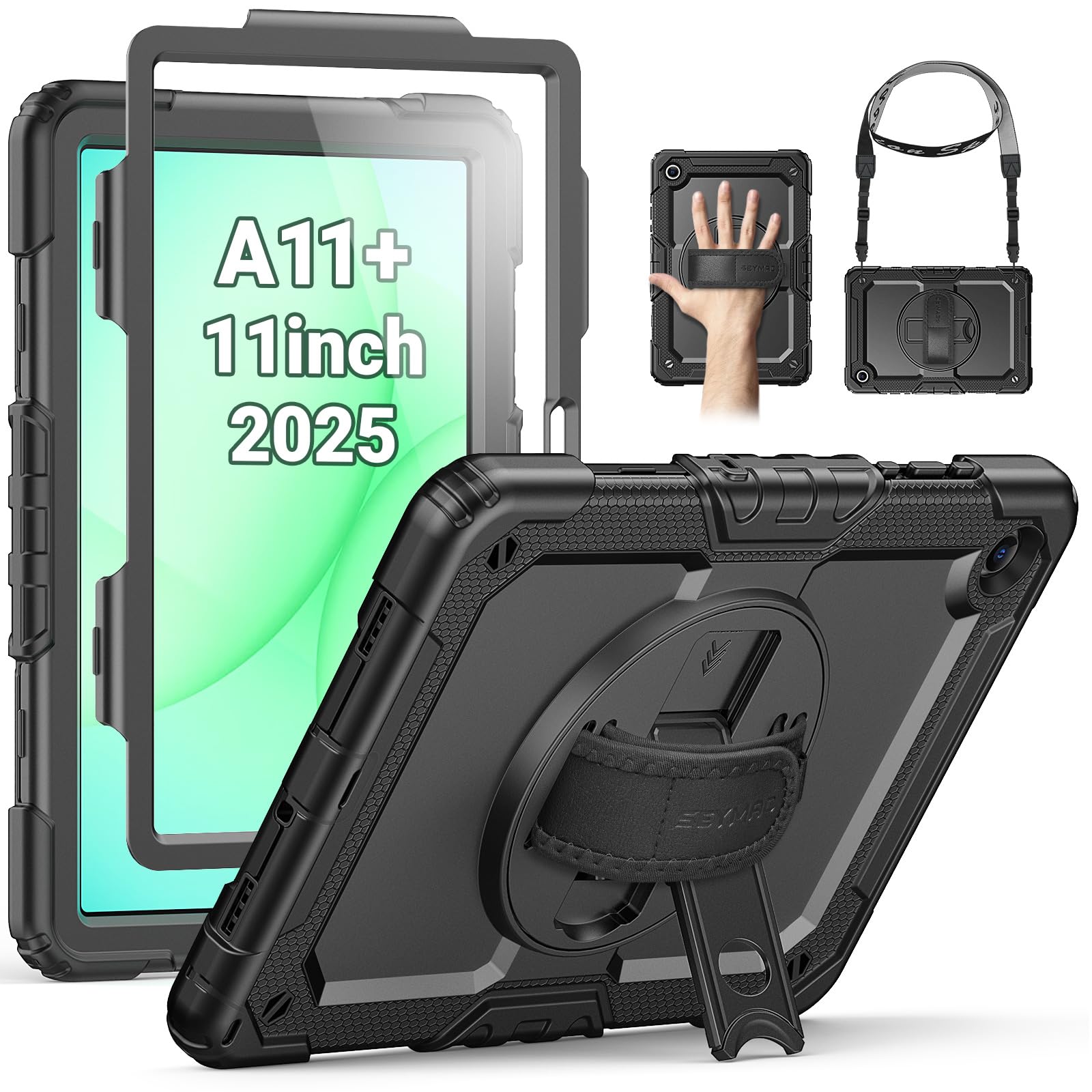 SEYMAC Case for Samsung Galaxy Tab A11+ Plus 2025/A9+ Plus 11 Inch 2025/2023, Shockproof Protection for Samsung A11+ Tablet with Screen Protector, 360° Rotating Hand Strap and Stand, Black - Image 1