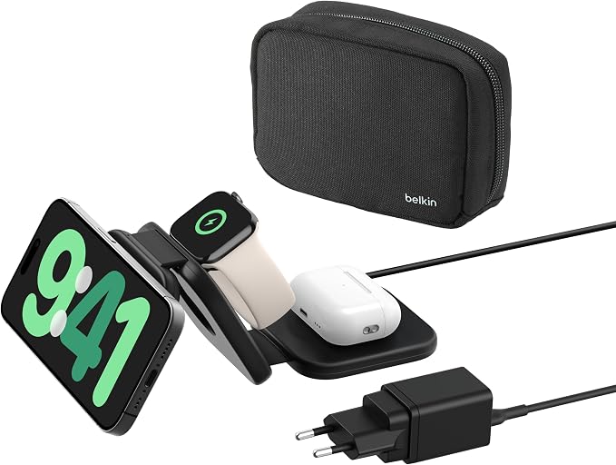 Belkin BoostCharge Pro 3-in-1 Portable Magnetic Charging Station with Qi2, Compatible MagSafe Charger, Foldable, 15W for iPhone 17, iPhone Air, Pixelsnap, Apple Watch Series 11, AirPods - Image 1