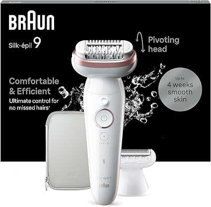 Braun Silk-épil 9 9-030 Women's Electric Epilator with Swivel Head for Easy Hair Removal, Razor Head, Clipper and Massage Rollers, Long Lasting Soft Skin, White/Pink - Image 1