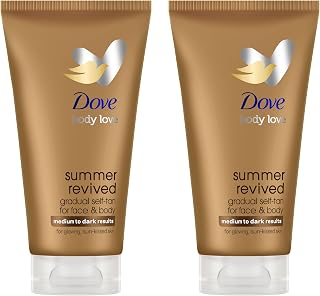 Lotion Autobronzante Visage & Corps Dove Summer Revived, Pour Peaux Moyennes et Foncées, Bronzage Progressif, Finition Naturelle, Peau Lumineuse, 72H d'Hydratation, Avec Extrait d'Aloe Vera, 2x 75ml - Image 1