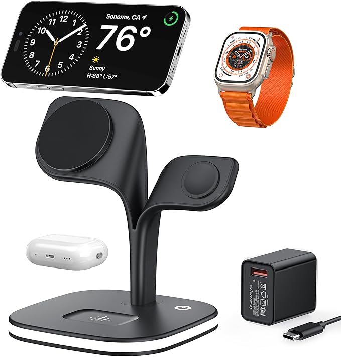 EXW Mag-Safe Induction Charger Fast Wireless Charging Station Magnetic Compatible Multiple Devices for iPhone 17 16 15 14 13 12 Air/Pro/Max/Plus, Airpods 2/3/Pro, Apple Watch - Black - Image 1