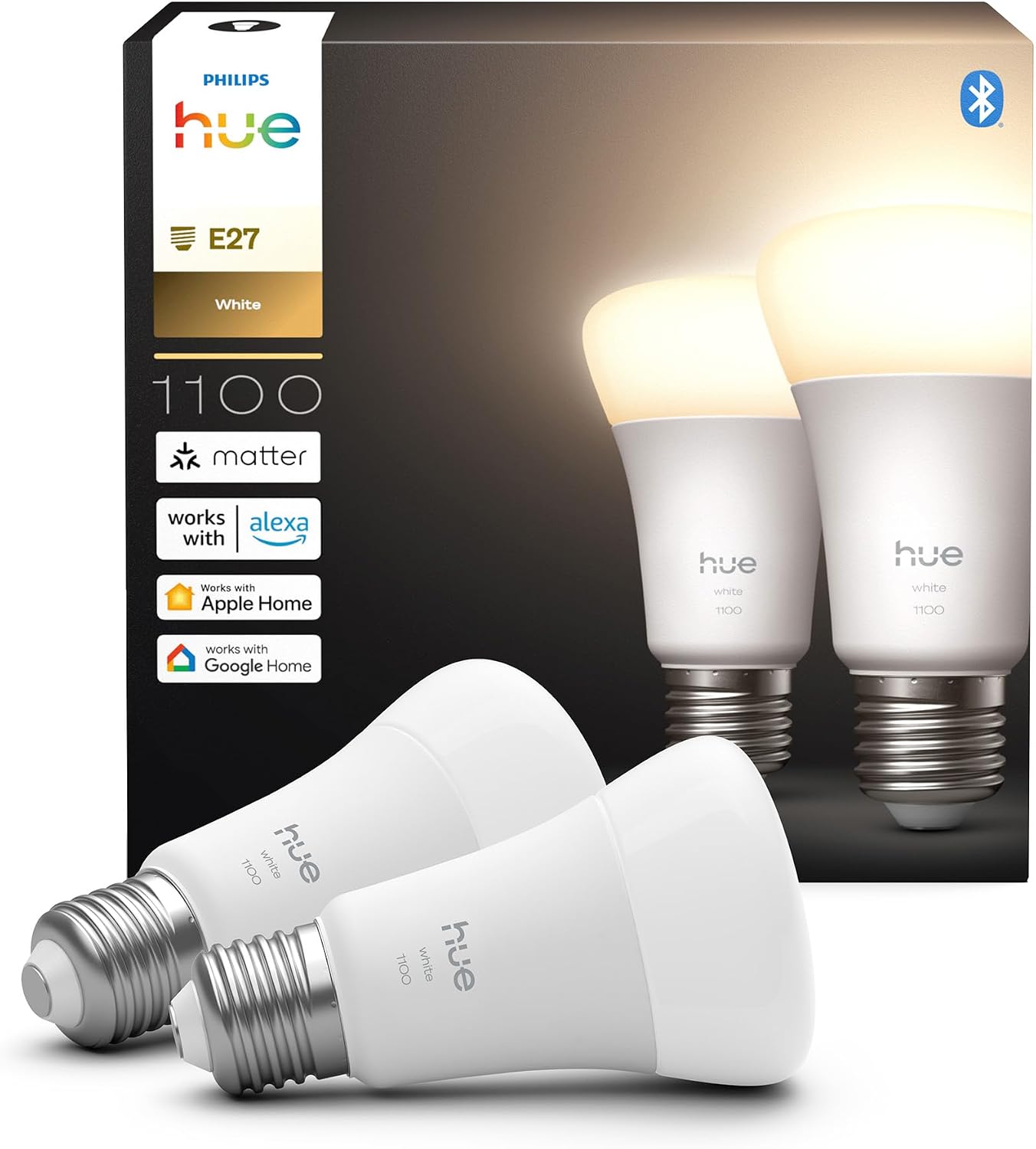 Philips Hue Ampoule LED connectée A60, Lumière blanche chaude 2700 K, Culot E27, 9,5 W, 1100 lumens, Intensité variable, Compatible avec Alexa, Google Assistant et Apple Home, pack de 2 - Image 1