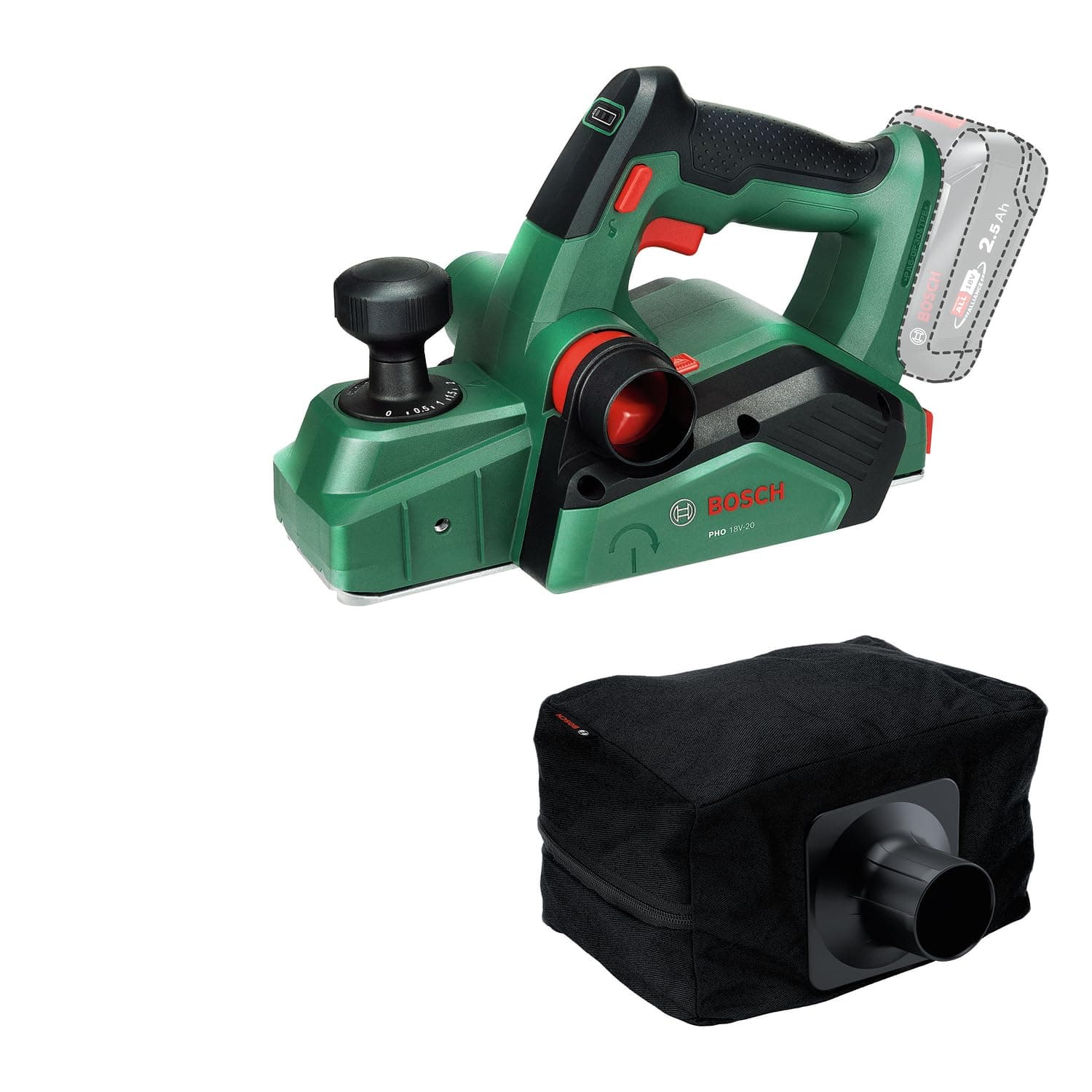 Bosch 18V System cordless planer PHO 18V-20 (planing possible from different angles; easy iron change; with dust bag)