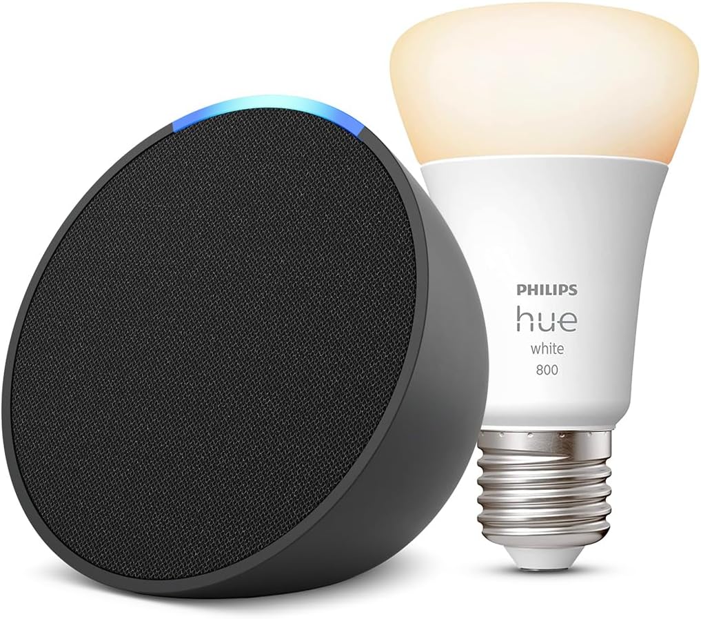 Echo Pop | Anthracite + Philips Hue White ampoule connectée (E27), Fonctionne avec Alexa - Kit de démarrage Maison connectée - Image 1