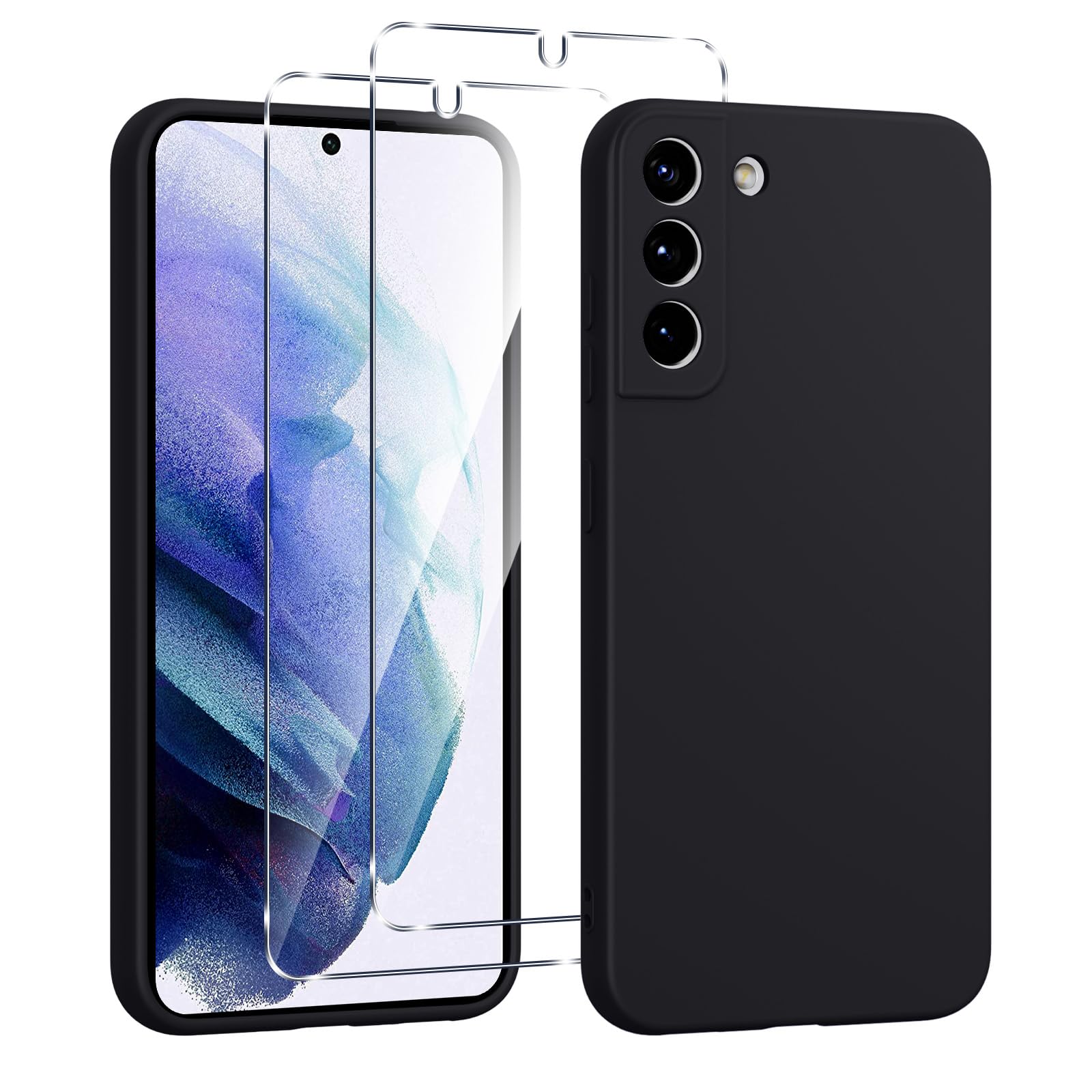 Silicone Case for Samsung Galaxy S21 5G with 2 Pieces Tempered Glass, Full Body Protection with Silky Touch, Soft TPU Protective Case, Shockproof Anti-Scratch, Black - Image 1