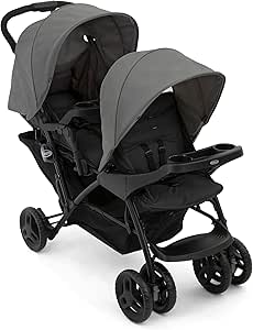 Graco Stadium Duo® Double Pushchair from birth to approx. 3 years (0-15 kg), can also be used with a carrycot, adjustable backrests, foldable, large storage basket, lunch trays, Titanium - Image 1