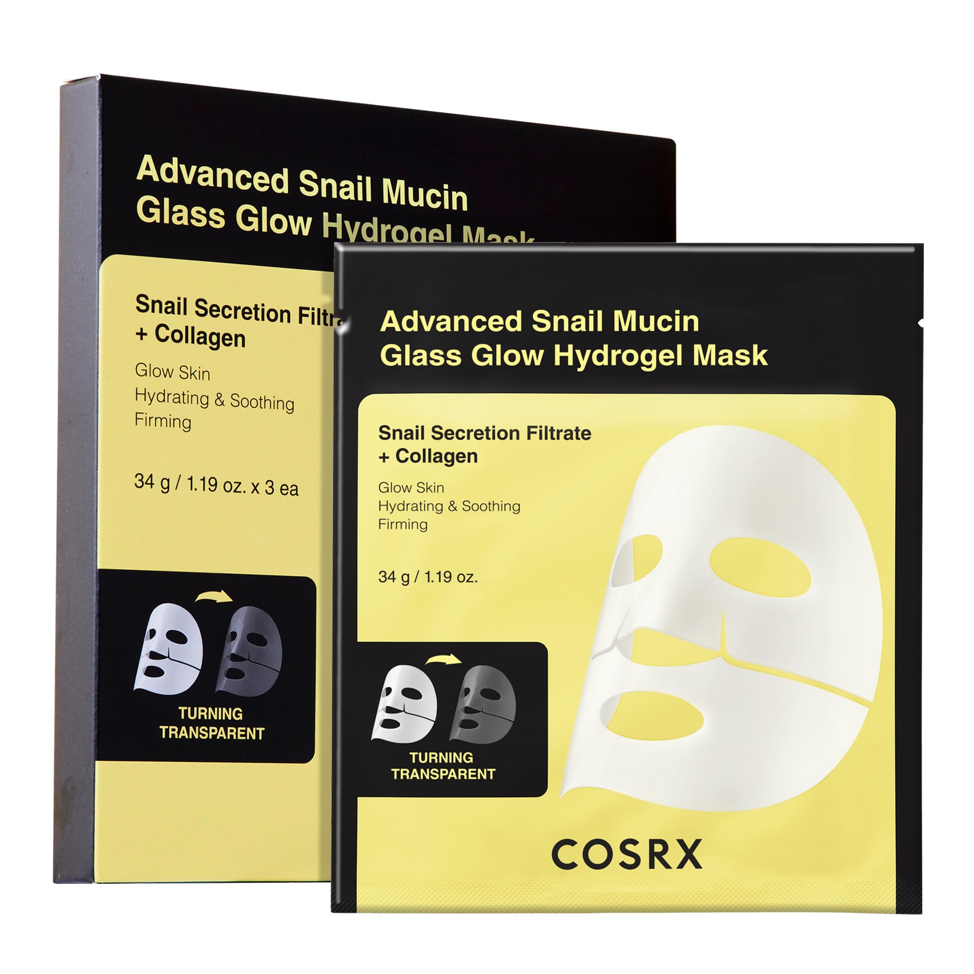 COSRX Advanced Snail Mucin Glass Glow Hydrogel Mask 3 Pieces, Collagen Mask, Travel Essentials, Small Gifts - Image 1