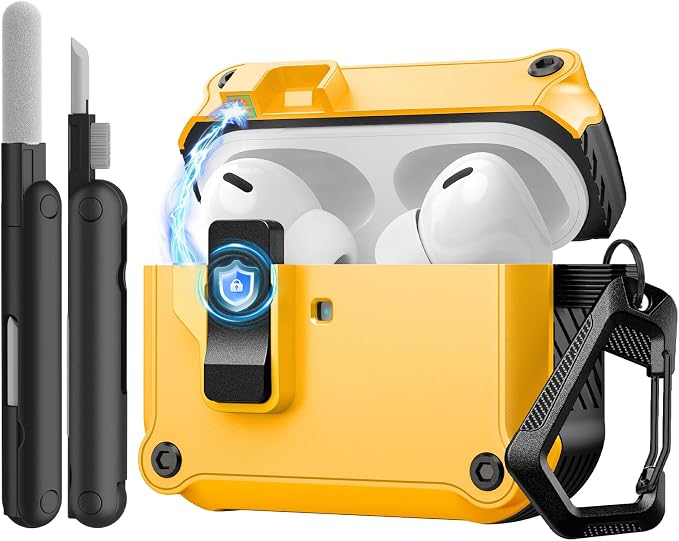 TiMOVO Airpods Pro 3 (2025) Case with Secure Locking Clip, Full Protection Hard Case for Apple AirPods Pro 3rd Generation, Climbing Hook and Cleaning Kit, Yellow+Black - Image 1