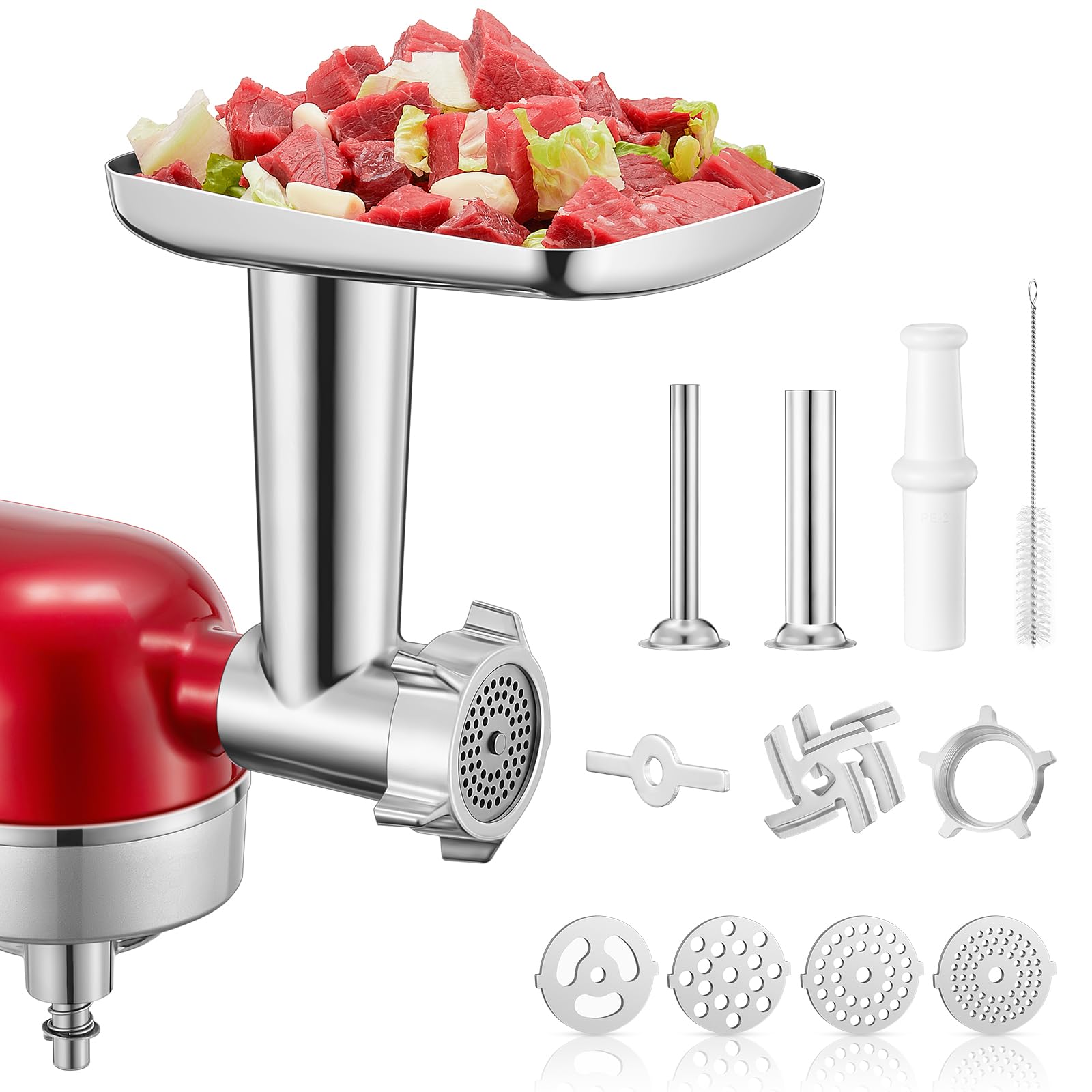 Meat Mincer for KitchenAid, 4 Grinding Plates, 2 Sausage Tips, Stainless Steel - Image 1