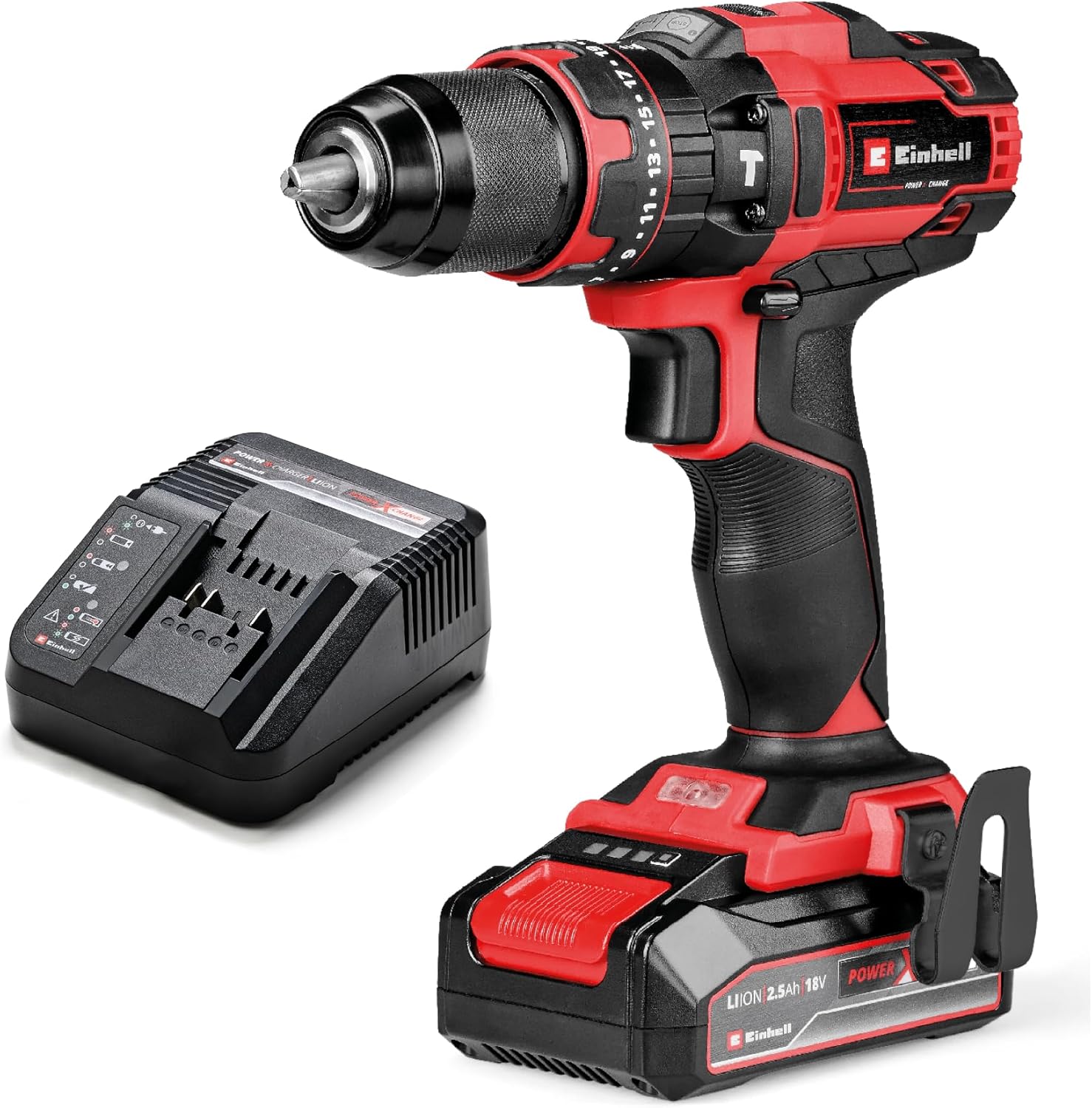 Einhell Perceuse-visseuse à percussion sans fil TE-CD 18/44 Li-i (1 x 2,5 Ah) Power X-Change (18 V, 44 Nm, perçage à percussion, mandrin métallique 13 mm, 2 vitesses, avec batterie 2,5 Ah et chargeur) - Image 1
