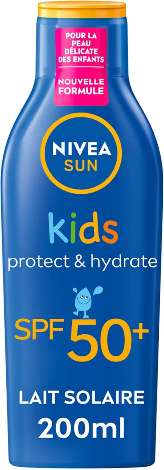 NIVEA SUN Lait Solaire Protect & Hydrate Kids SPF 50+ 200 ml — Crème Solaire résistante à l'eau — Haute Protection Visage et Corps pour la peau délicate des Enfants - Image 1