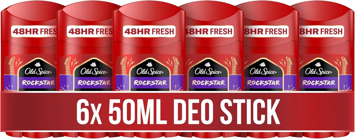 Old Spice Rockstar Lot de 6 déodorants en stick 50 ml, fraîcheur 24/7 pour une utilisation quotidienne, parfum longue durée de qualité parfumée, protège contre les odeurs, sans sels d'aluminium