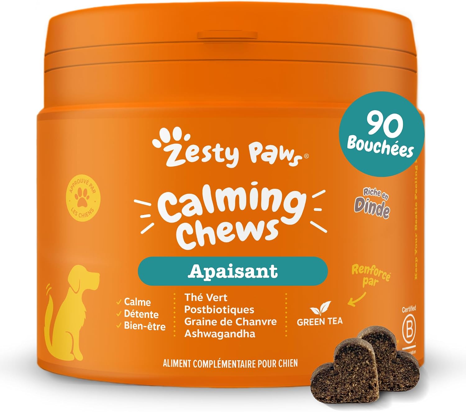 Zesty Paws Calming - Complément pour Chien sous Forme de friandise - Anti Stress - calmant - Hyperactivité - Ashwagandha, Thé Vert et L-Tryptophane - 90 Unités - Image 1