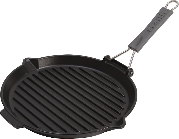 STAUB Cast Iron Grill with Pouring Spout and Silicone Handle, Round, Diameter 27 cm, Matte Black - Image 1