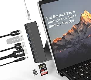 Surface Pro 8/9/10/11/X Docking Station - Surface Pro 9 Adapter with HDMI 4K, Thunderbolt 4 (8K@30Hz Video + 40G Data + 100W PD), 2 x USB 3.0, SD/TF Card Reader Surface Pro 9 Accessories - Image 1