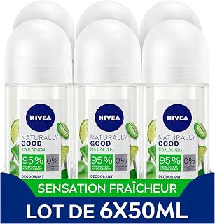 NIVEA NATURALLY GOOD Déodorant Femme Aloe Vera Bio Bille (lot de 6 x 50 ml), déodorant avec 95% d’ingrédients d’origine naturelle, roll-on fraîcheur 24h - Image 1