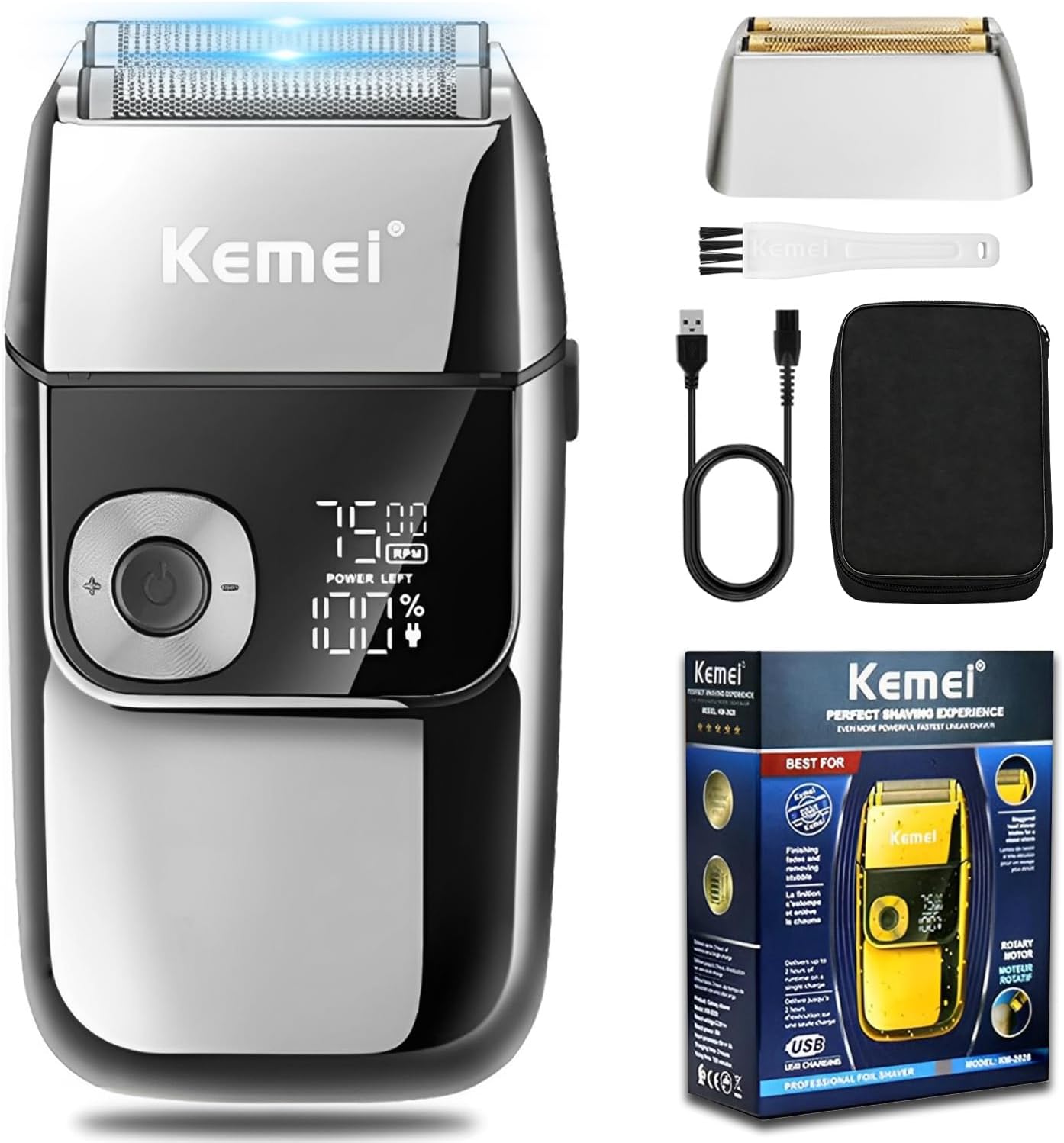 Kemei Electric Grid Shaver for Men, Precision Cordless Rechargeable Beard Trimmer Washable USB LED Display Lithium Titanium Grid Shavers with Travel Case - Image 1