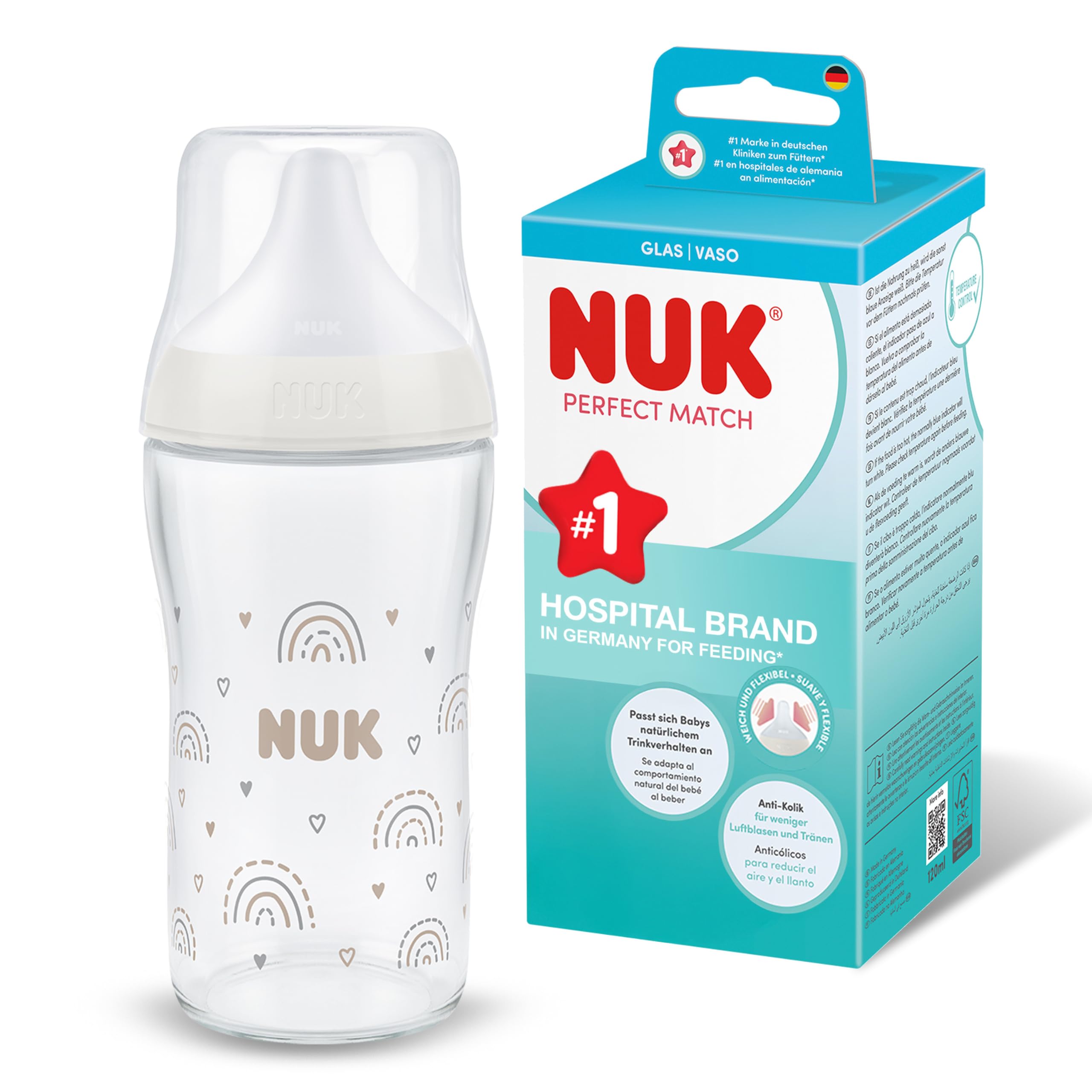 NUK Perfect Match Baby Bottle | 3+ Months | 230ml | Anti-Colic Bottle | Glass | Temperature Control Indicator | Rainbow | Pack of 1 - Image 1