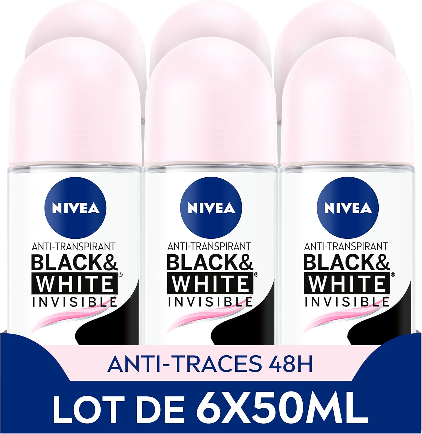 NIVEA Black & White Invisible Roll-On Deodorant (6 x 50 ml), Women's White and Yellow Anti-Fingerprint Deodorant, Anti-Odour & Moisture Antiperspirant, Effective Protection 72 Hours, Alcohol Free - Image 1