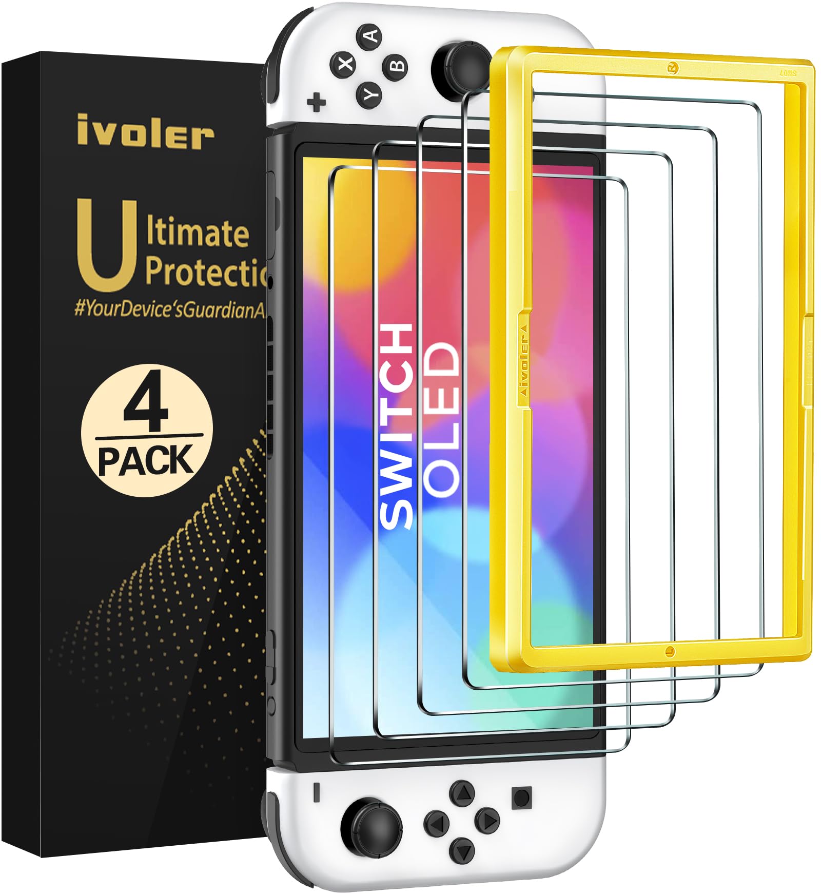 ivoler Pack de 4 Verre Trempé Compatible avec Nintendo Switch OLED Modèle 7 Pouces Modèle 2021, avec Kit Installation Offert, Film de Protection d’écran - 9H Glass - Anti Rayures - sans Bulles - Image 1