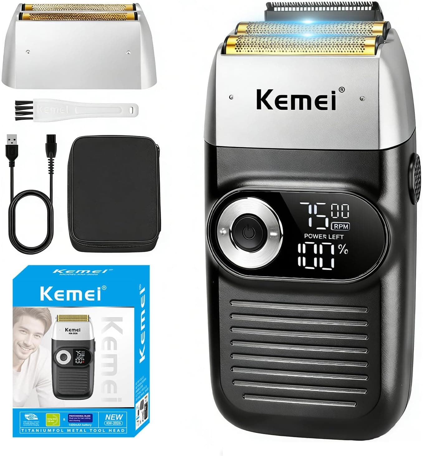 KEMEI Aluminum Foil Razor for Men Barber Shaver Rechargeable Electric Razor with Beard Trimmer, Cordless Lithium Titanium Aluminum Foil Shaver with Travel Case