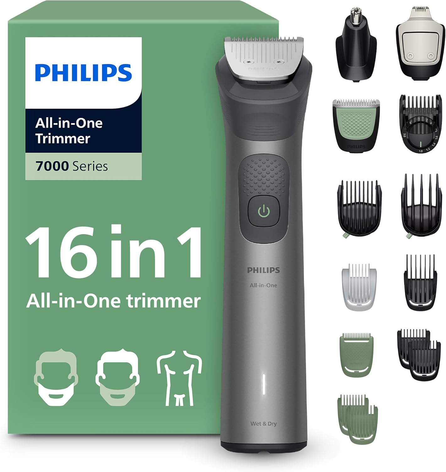 Philips Multigroom série 7000 Tondeuse tout-en-un 16 accessoires – tondeuse pour barbe, cheveux et corps, lames en métal auto-affûtées, 21 hauteurs de coupe (0,5-16 mm), modèle MG7931/15 - Image 1