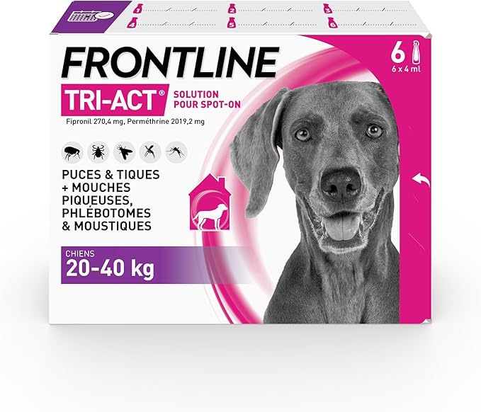 FRONTLINE Tri-Act Dog Fleas, Ticks, Mosquitoes, Phlebotomes & Stinging Flies – for Large Dogs 20 to 40 kg – Made in France – 6 Spot-On Pipettes - Image 1