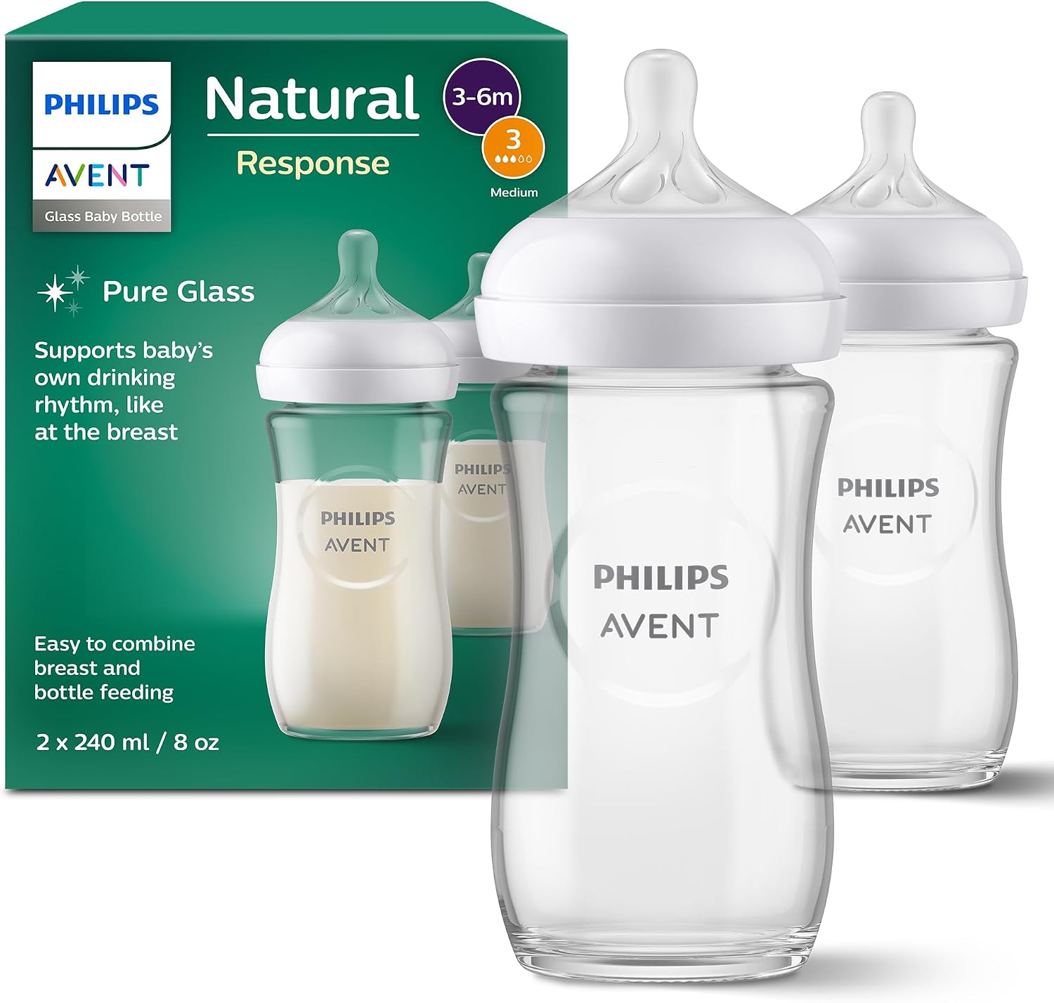 Philips Avent Lot de 2 biberons en verre à Réponse Naturelle – biberon de 240 ml, sans BPA pour les bébés de 1 mois et + (modèle SCY933/02) - Image 1