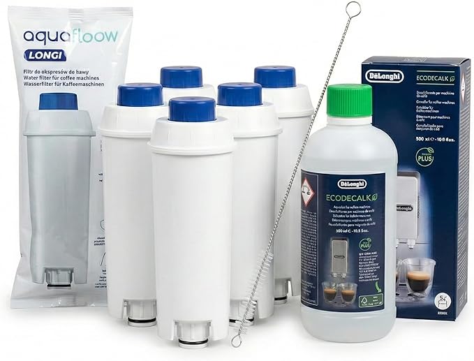 Aquafloow 5 x Water Filter Compatible with DeLonghi DLSC002 & EcoDecalk Descaler (500 ml) – Service Kit for Magnifica S, Evo, Dinamica Coffee Machine – with Cleaning Brush - Image 1