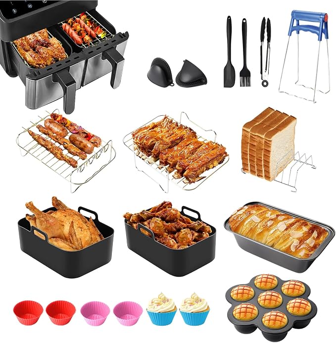 19 Pcs Accessories Air Fryer Ninja 7.6-9.5L, Dual Air Fryer Accessories Mould Silicone Hot Air Fryer Accessory Flat Accessories for Ninja Air Fryers AF400EU, AF300EU, AF500EU - Image 1