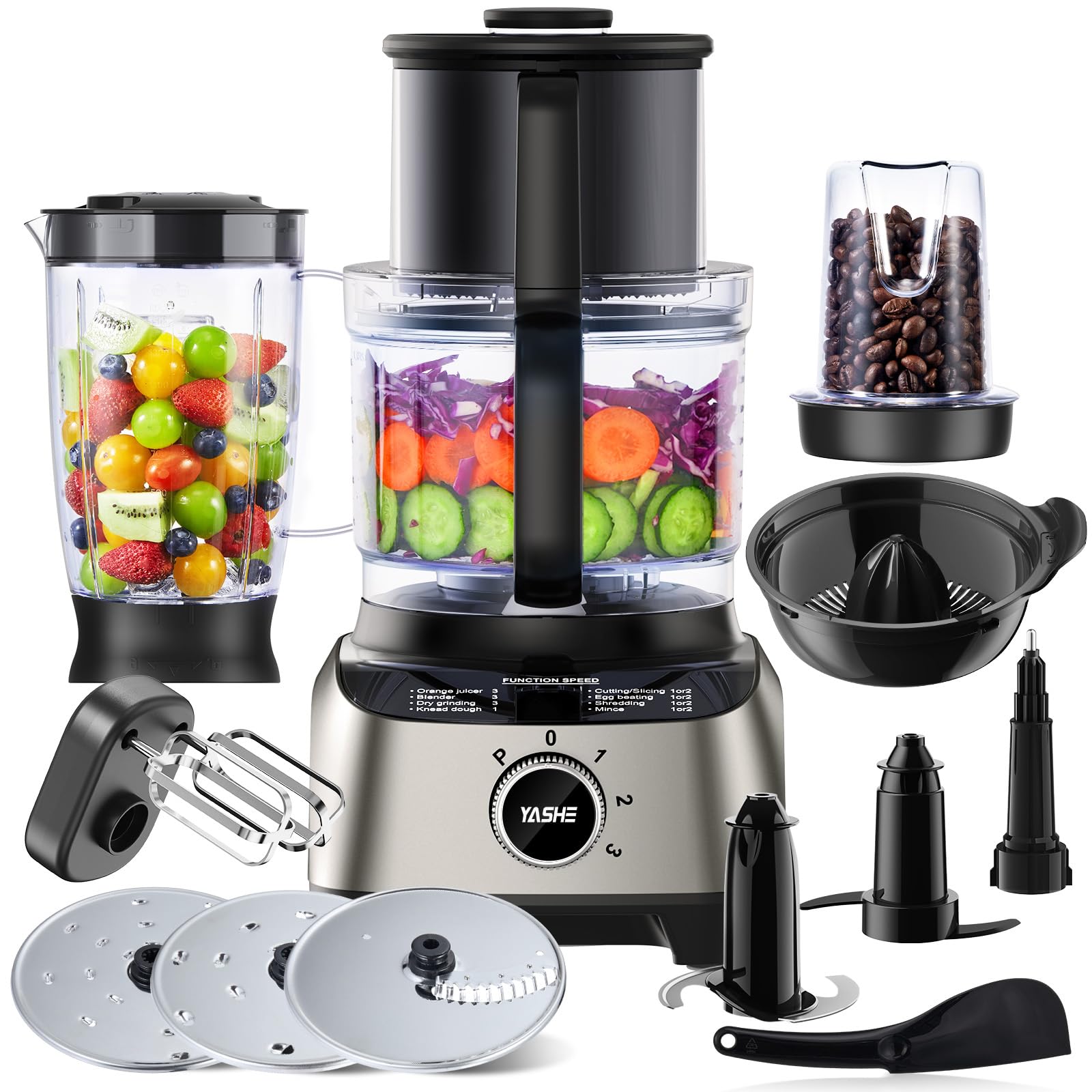 YASHE Robot Cuisine Multifonctions – Blender, Mixeur, Moulin, Presse-Agrumes, Pétrin avec Bol de 2,5L et Blender de 1,5L, 1300W, 3 Vitesses, Fonction Pulse, Verrouillage de Sécurité - Image 1