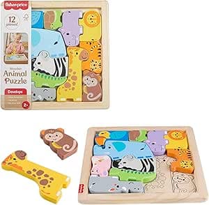 Fisher-Price JFG10 Wooden Animal Puzzle for Toddlers to Practice Sorting Shapes with 13 Wooden Pieces from 2 Years and Above