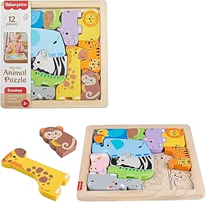 Fisher-Price JFG10 Wooden Animal Puzzle for Toddlers to Practice Sorting Shapes with 13 Wooden Pieces from 2 Years and Above - Image 1