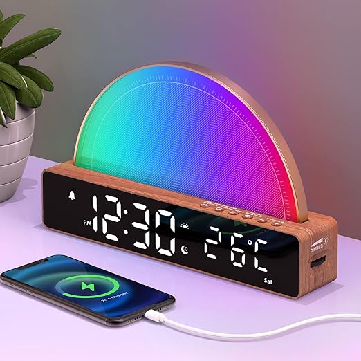 Luminous Alarm Clock, Lamp with Sunrise Simulation, Snooze/6 Ringtones/10 Sleep Sounds/Timer/Temperature Display, Atmosphere Lamp with 7 Changing Colors, Charging Port - Image 1