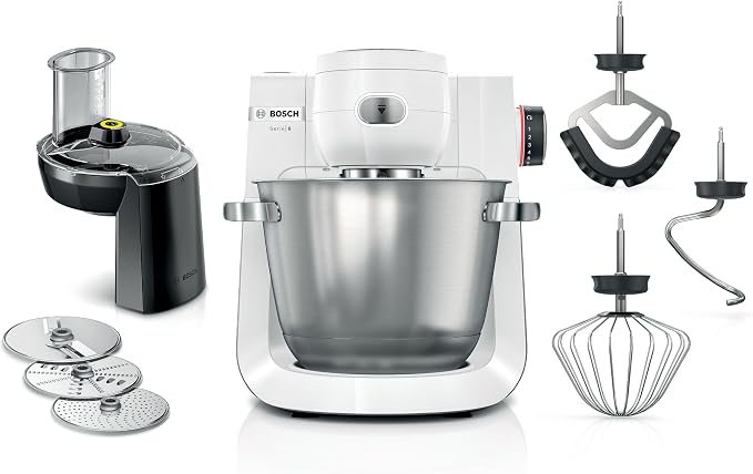 Bosch MUMS6EW13D Series 6 Food Processor, 7 Speed, 5.5L Bowl, Through Cutter, 3 Discs, Dough Hook, Whisk, Silicone Broom, Dishwasher Safe, 1600W, Silver/White - Image 1