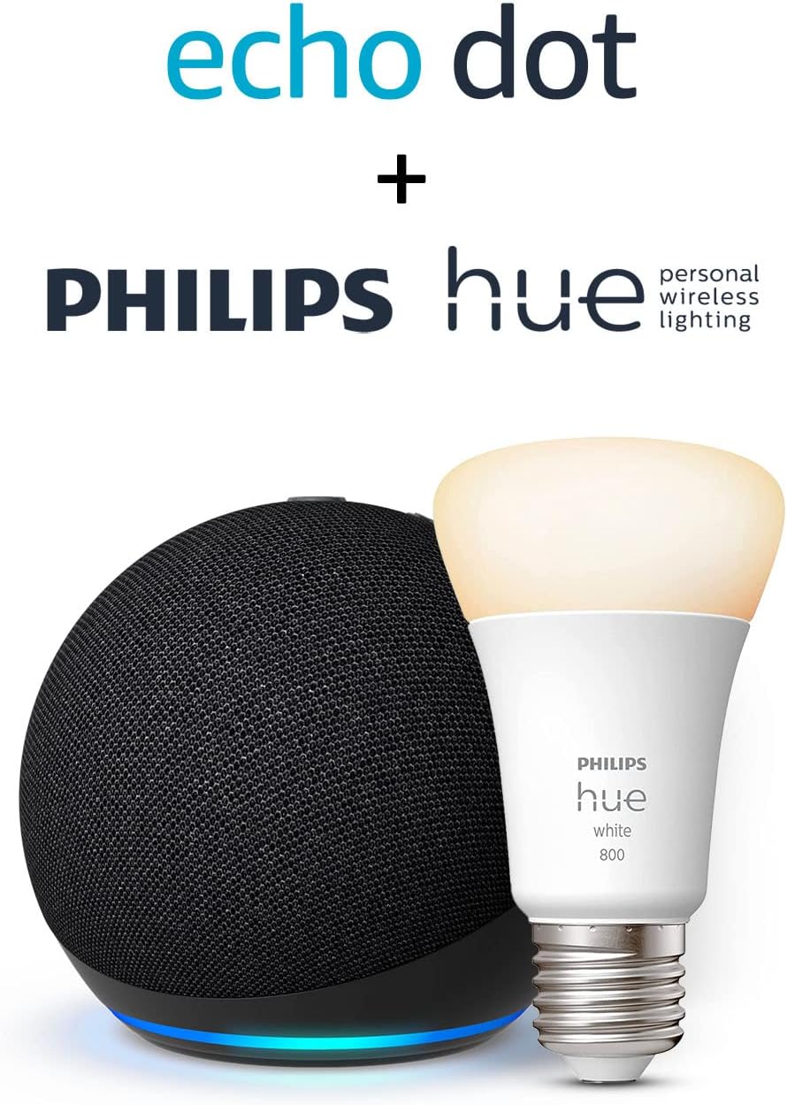 Echo Dot (5e génération) | Anthracite + Philips Hue White ampoule connectée (E27), Fonctionne avec Alexa - Kit de démarrage Maison connectée - Image 1