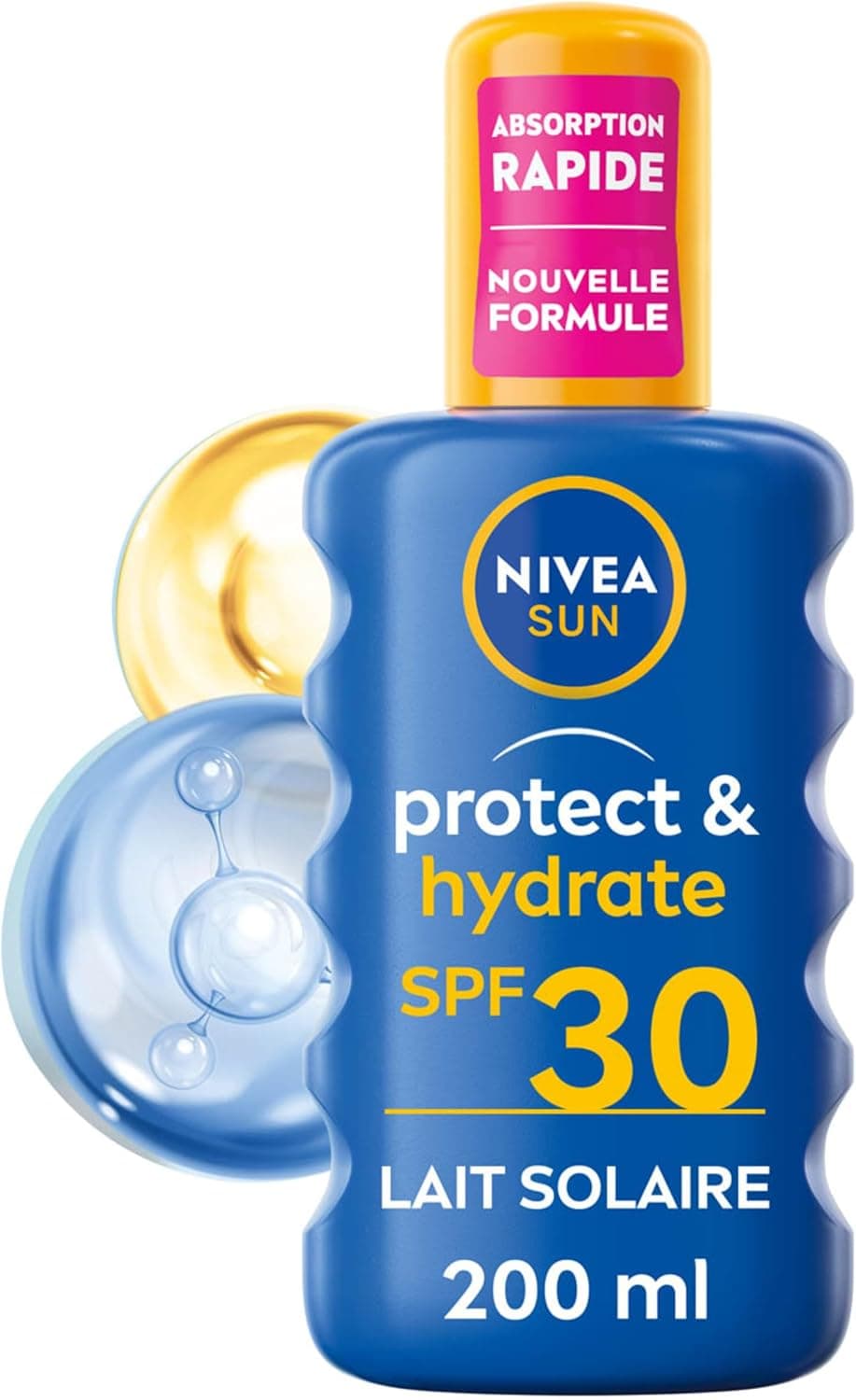NIVEA SUN Spray Solaire Protect & Hydrate SPF 30 200 ml — Crème Solaire résistante à l'eau — Protège et Hydrate — Haute Protection Visage et Corps