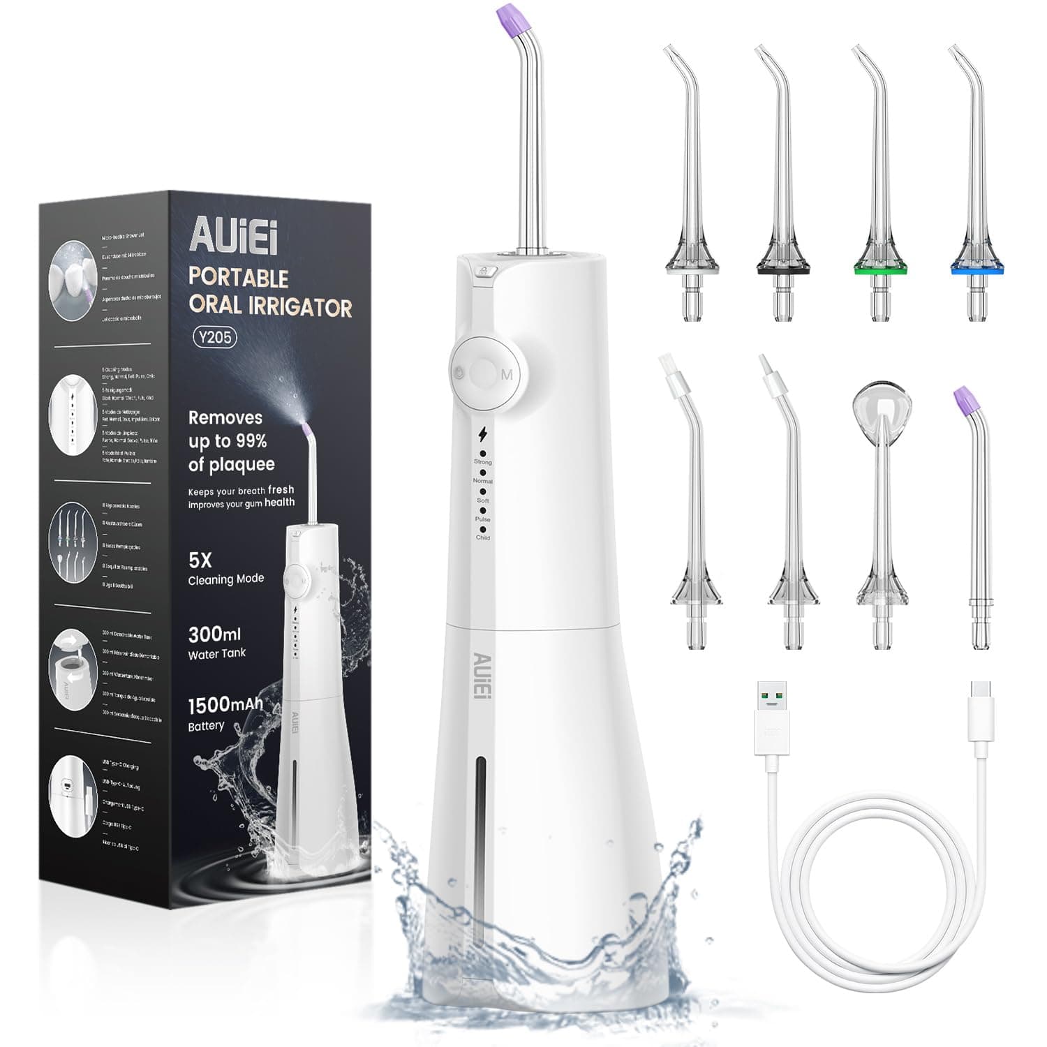 Portable Water Flosser Dental Jet Water Flosser, Oral Irrigator 5 Modes and 8 Nozzles, 300 ml Tank, USB Charged, IPX7 Waterproof, Sensitive Gum (White)