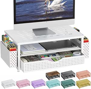 gianotter Monitor Stand, Desk Organizer with Drawer and Pen Holder, 2-Tier Computer Stand, Desk Accessories and Workspace Organizers (White) - Image 1