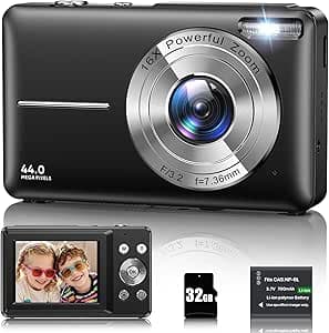 Digital Camera 1080P 44MP Camera Portable Compact Camera with 2.4" LCD Display, 16X Digital Zoom, 32G Micro Memory Card, 1 Battery for Teens, Students - Black