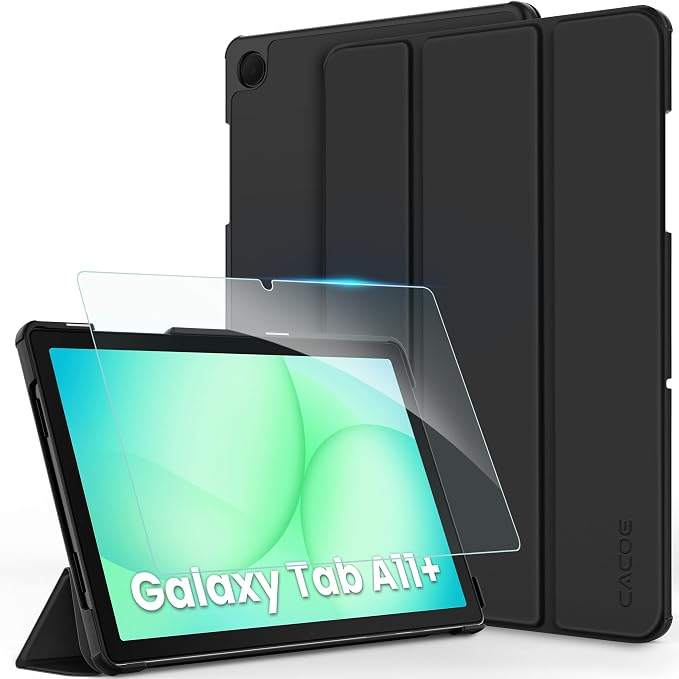 CACOE Case Compatible with Samsung Galaxy Tab A11+ Plus 2025/ A9+ Plus 11 Zoll, Slim Tempered Glass Case with Stand Function, Black - Image 1