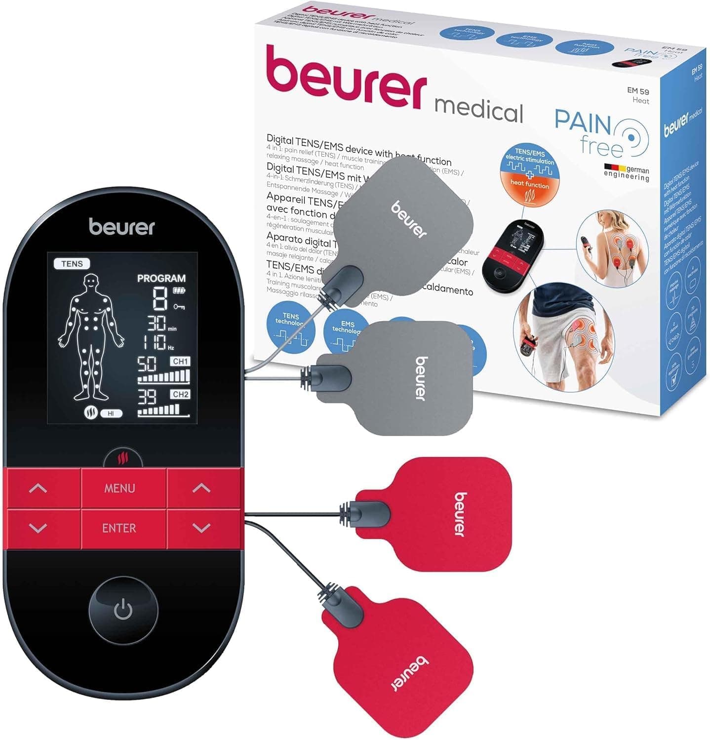 Beurer EM 59 TENS/EMS Muscle Stimulator 4-in-1 for Pain Therapy, Muscle Stimulation, Massage and Therapy, Black Thermotherapy, with 4 Electrodes and Battery